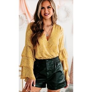 Peach Love A Wholeful Heart Bell Sleeve Bodysuit Mustard & White Size L